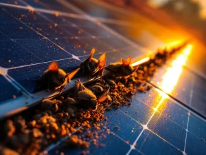 Vleermuizen bij zonnepanelen op pannendak met beschermende borstels die nesting voorkomen bij zonsondergang