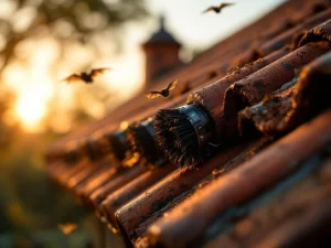 Professionele vleermuisafweer borstels geïnstalleerd op dakrand met terracotta dakpannen, vleermuis vliegt weg op achtergrond