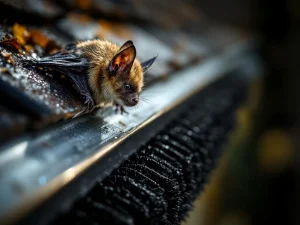 Bruine vleermuis op dakgoot met zwarte borstelbescherming tegen ongedierte, close-up met waterdruppels
