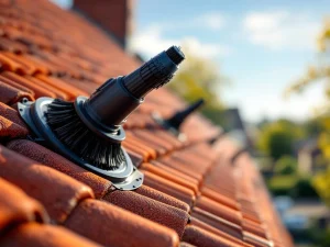 Zwarte vogelverschrikkerborstels geïnstalleerd op oranje Nederlandse dakpannen met duidelijke borstelharen in ochtendlicht