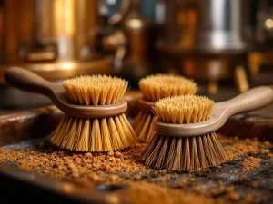 Professionele slakkenborstels met fijne haren naast roestvrijstalen bierbrouwapparatuur in warm natuurlijk licht