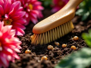 Gespecialiseerde borstel verwijdert tuinslakken van roze dahlia's met dauwdruppels in ochtendlicht