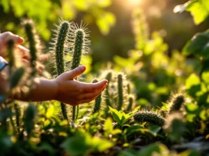 Kind steekt handen uit naar stekelige slakkenborstels in weelderige groene tuin met natuurlijk zonlicht