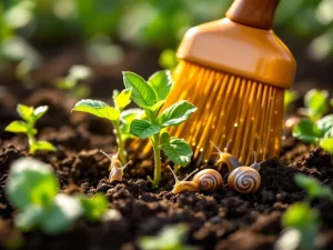 Koperen borstel beschermt groene tuinplanten tegen slakken in ochtenddauw, natuurlijke ongediertebestrijding