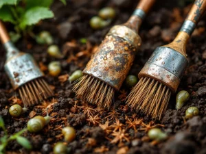 Koperen slakkenborstels in verschillende stadia van slijtage in tuinomgeving met groene slakken op donkere aarde