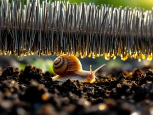 Tuinslak kruipt onder metalen borstelbarrière door vochtige aarde met dauwdruppels op schelpje