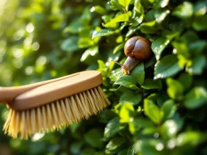 Bruine tuinslak kruipt over groene buxushaag met dauwdruppels, reinigingsborstel in voorgrond voor ongediertebestrijding