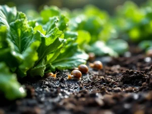 Slakken kruipen over sla bladeren terwijl anti-slakken borstelbarrière de planten beschermt in weelderige groene tuin