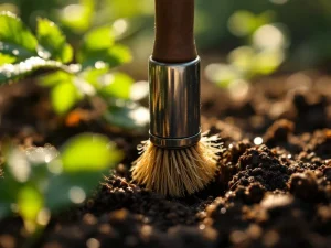 Gespecialiseerde slakkenborstel wordt in donkere tuinaarde geplaatst, met dauwdruppels op groen blad in ochtendlicht