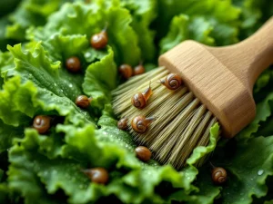 Verse sla met dauwdruppels en slakken, met professionele borstel voor natuurlijke ongediertebestrijding in de tuin