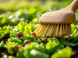 Verse slabladeren met tuinslakken en gespecialiseerde borstel voor slakkenbestrijding in moestuin