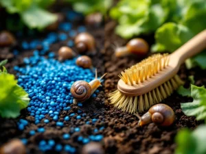 Vergelijking van blauwe slakkenkorrels op donkere grond versus milieuvriendelijke borstel voor slakkenbestrijding in tuin