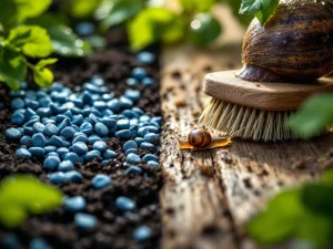 Slakkenbestrijding vergelijking: blauwe slakkenkorrels links, anti-slakkenborstel rechts, tuinslak in het midden