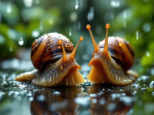 Gespecialiseerde slakkenborstels met waterdruppels op de haren in regenachtige tuin, weersbestendig en effectief