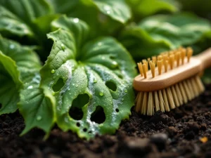 Groene plantenbladeren met gaten en slakkensporen van schade, met reinigingsborstel op achtergrond voor tuinonderhoud