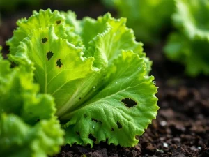Verse slabladeren met gaten en slakkensporen van vraatschade in moestuin met dauwdruppels