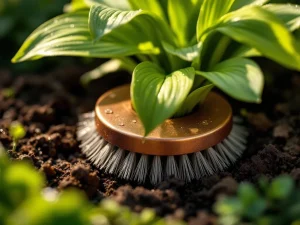 Koperen slakkenafweerborsteltje rond groene hosta plant in tuin met dauwdruppels op bladeren