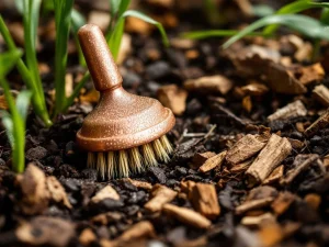 Koperen slakkenafweer borstels rond tuinplanten met donkere mulch en dauwdruppels in natuurlijk licht