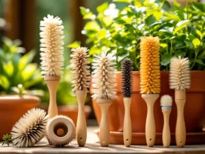 Spiraalborstels voor tuinonderhoud in verschillende maten rond terracotta plantenbak met groene planten