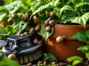 Tuinplanten met vraatschade door slakken, professionele schoonmaakborstel tegen terracotta pot voor tuinonderhoud