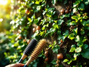 Verticale tuin met groene klimplanten en gespecialiseerde schoonmaakborstels voor onderhoud in natuurlijk zonlicht