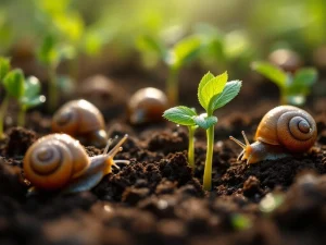 Jonge groene zaailingen beschermd door borstelbarrière tegen slakken in donkere tuingrond met dauwdruppels