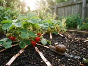 Aardbeiënplant met rijpe rode bessen beschermd door koperen strips, tuinslak kruipt weg over donkere tuinaarde