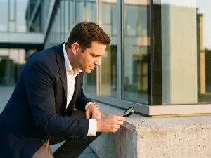 Zakelijke eigenaar onderzoekt scheuren in kantoorgebouw fundatie met vergrootglas tijdens gouden uur
