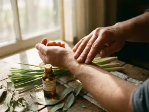 Persoon brengt citronella olie aan op onderarm uit amber flesje, verse citroengras en eucalyptus op houten tafel