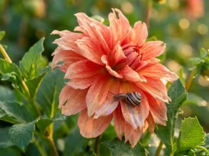 Roze-oranje dahlia met slak op bloemblad, dauwdruppels en beschadigde randen in close-up macrofotografie