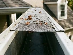 Witte vinyl dakgoot met fijn gaas bescherming, bladeren op rooster terwijl goot schoon blijft, woonhuis dak op achtergrond