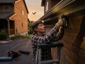 Huiseigenaar installeert gaasscherm over dakrand om vleermuizen te weren, professionele gereedschappen op grond
