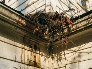 Overlopende dakgoot verstopt met vogelnest van takjes en bladeren, water lekt op witte gevelbekleding