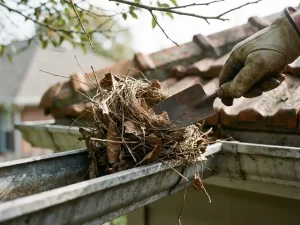 Gehandschoende hand verwijdert vogelnest van takjes en bladeren uit dakgoot met tuingereedschap