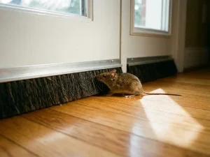 Deurborsteldichting aan onderkant witte deur blokkeert muis op hardhouten vloer, effectieve barrière tegen ongedierte