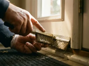Persoon reinigt metalen deurstrip met kleine borstel, onderaan witte deurpost, close-up van onderhoudswerkzaamheden