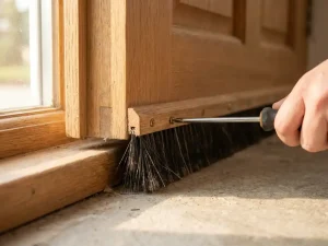 Donkere borstelstrip wordt geïnstalleerd onder houten deur met metalen schroeven, betonnen vloer zichtbaar