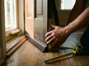 Handen meten deurkier met metalen liniaal, deurstrip en meetlint op houten oppervlak in natuurlijk licht