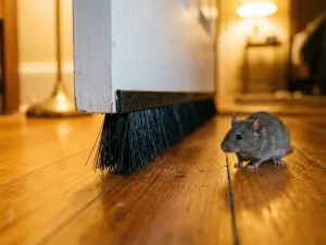 Zwarte borstel onderin witte deur houdt grijze muis tegen op houten vloer, huiselijke verlichting