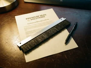 Professionele garantiecertificaat met deurborsteldichting diagonaal eroverheen op donkere houten bureau met pen