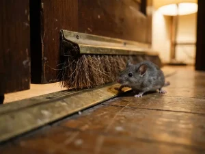 Bruine borstelstrip op drempel blokkeert grijze muis, dichte borstelharen vormen effectieve barrière tegen ongedierte