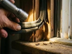 Hand met zaklamp inspecteert rubberen tochtstrip rond houten deurframe, zichtbare kieren en insecten op drempel