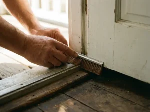 Handen installeren bruine borstelborstel onder witte deurlijst om kieren af te dichten op houten vloer