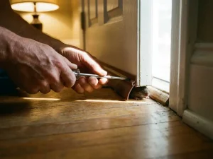 Persoon installeert rubberen deurstrip onder witte deur terwijl bruine muis probeert door te kruipen