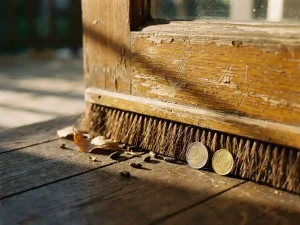 Bruine borstelstrip op houten deurdrempel met muizenkeutels op donkere houten vloer, euromunten voor schaalreferentie