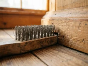 Draadstalen borstel geplaatst tegen houten plint als barrière, met natuurlijke houtnerf en zachte daglichtschaduw