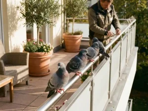 Duiven op balkonreling terwijl persoon vogelverschrikkers installeert, moderne balkontuin met plantenpotten