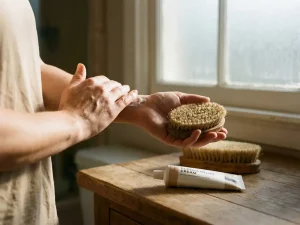 Handen die eczeem crème aanbrengen op pols naast paardenborstel op houten badkamer aanrecht in warm ochtendlicht