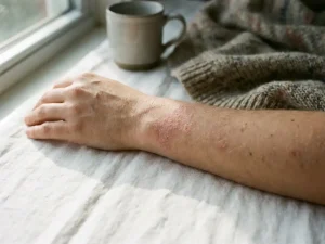 Onderarm met hand op witte ondergrond, zichtbare eczeem patches op huid in natuurlijk licht