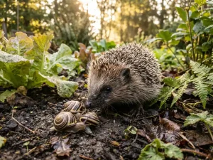 Nieuwsgierige egel nadert tuinslakken tussen groene slabladeren in tuin met ochtendlicht